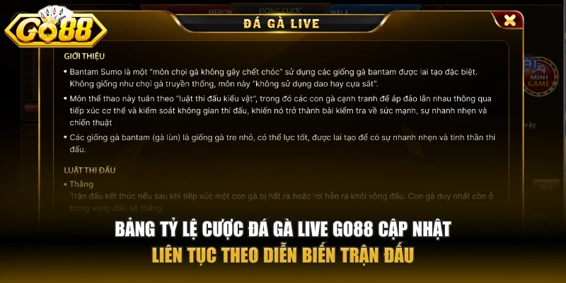 Bảng tỷ lệ cược đá gà live GO88 cập nhật liên tục theo diễn biến trận đấu