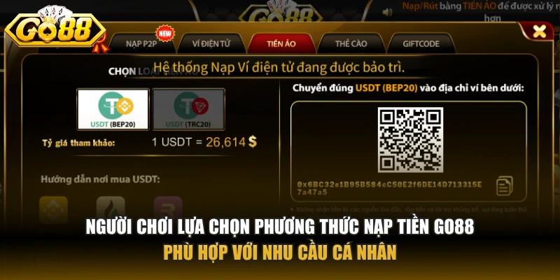 Người chơi lựa chọn phương thức nạp tiền GO88 phù hợp với nhu cầu cá nhân