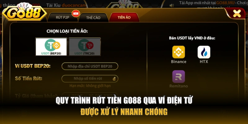 Quy trình rút tiền GO88 qua ví điện tử được xử lý nhanh chóng